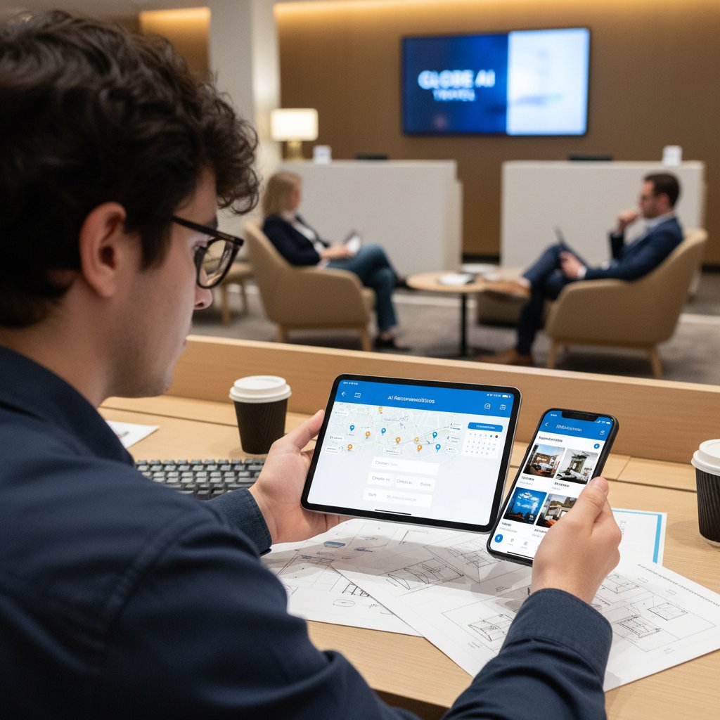 Osoba testująca kilka aplikacji noclegowych na różnych urządzeniach, nowoczesne interfejsy