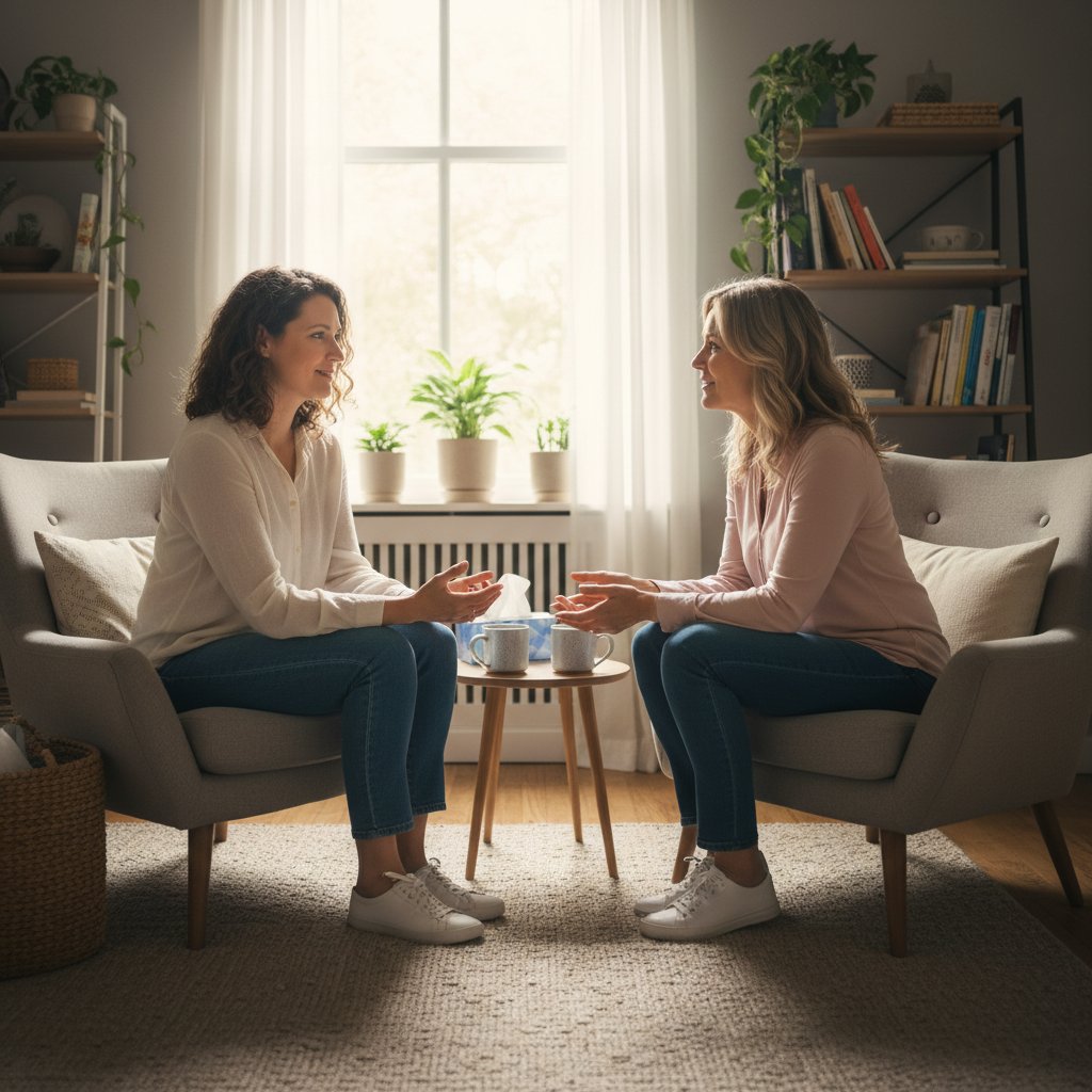 Osoba rozmawiająca z psychologiem w przyjaznym wnętrzu, decyzja o szukaniu wsparcia