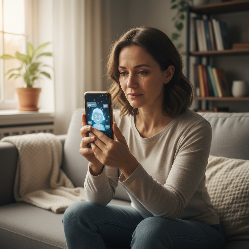 Terapeutyczna rozmowa z AI na smartfonie, wsparcie emocjonalne, słowa kluczowe AI terapia