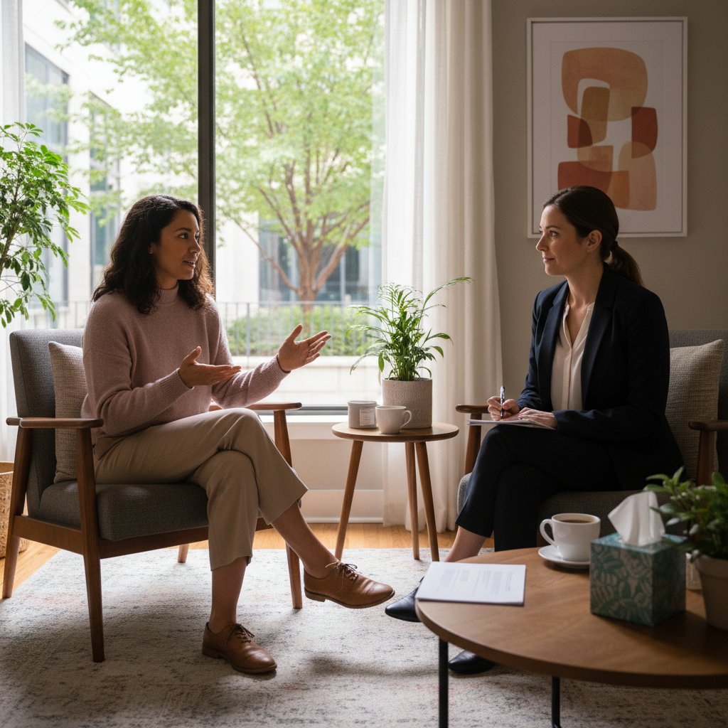 Osoba rozmawiająca z terapeutą – psychologiczne skutki chronemiki