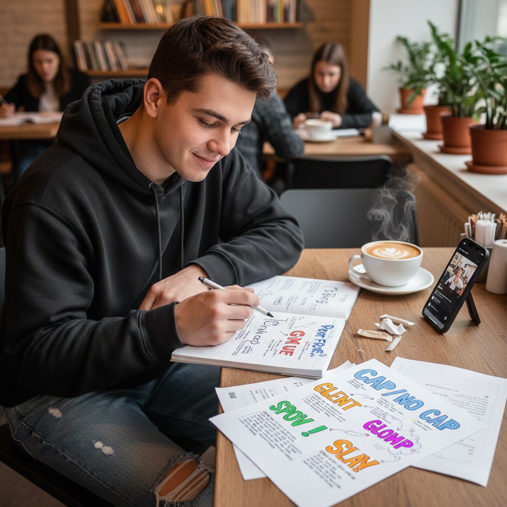 Osoba przeglądająca TikTok na smartfonie, notatki slangowe na stole, kubek z kawą