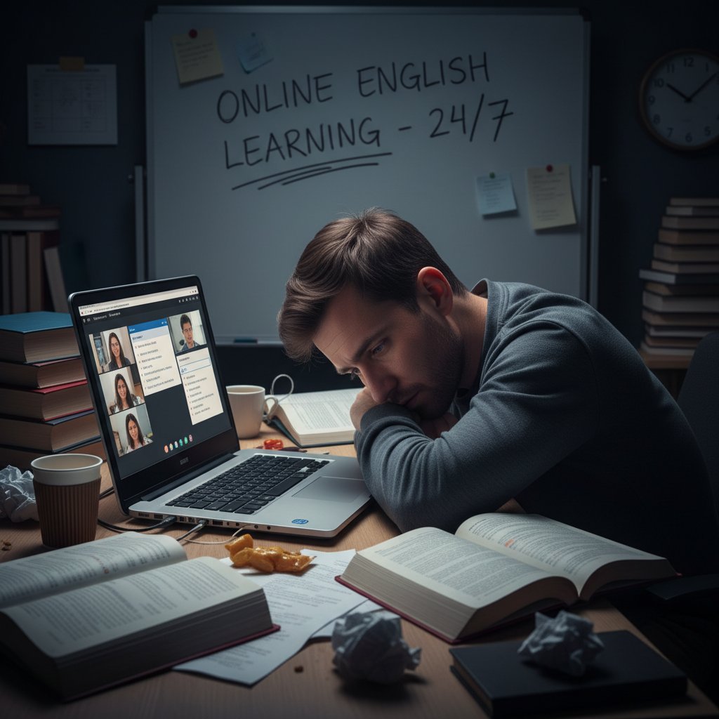 Osoba zmęczona nauką angielskiego online, objawy wypalenia i frustracji