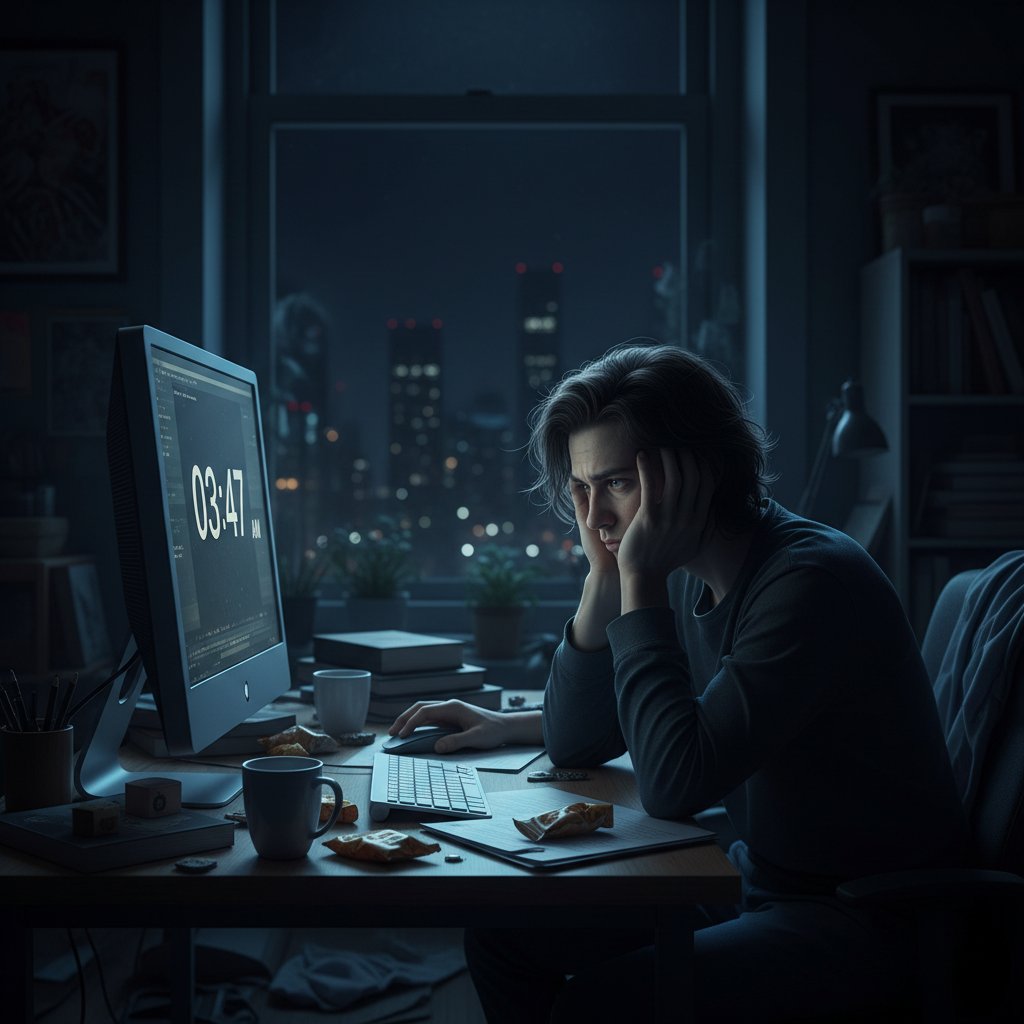 Przemęczona osoba przed ekranem – ciemna strona samodyscypliny, późno w nocy