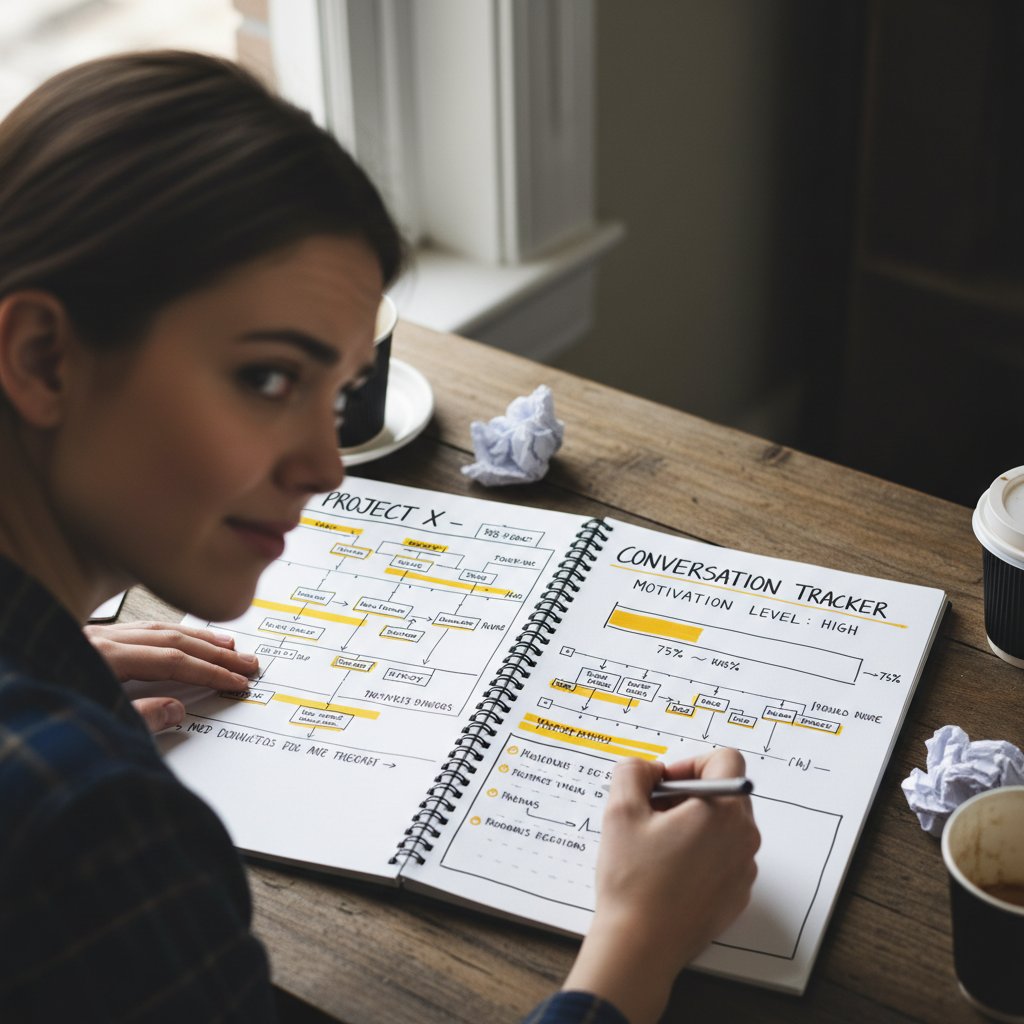 Osoba śledząca swoje postępy w rozmowach na notatniku, atmosfera skupienia i motywacji do dalszej pracy