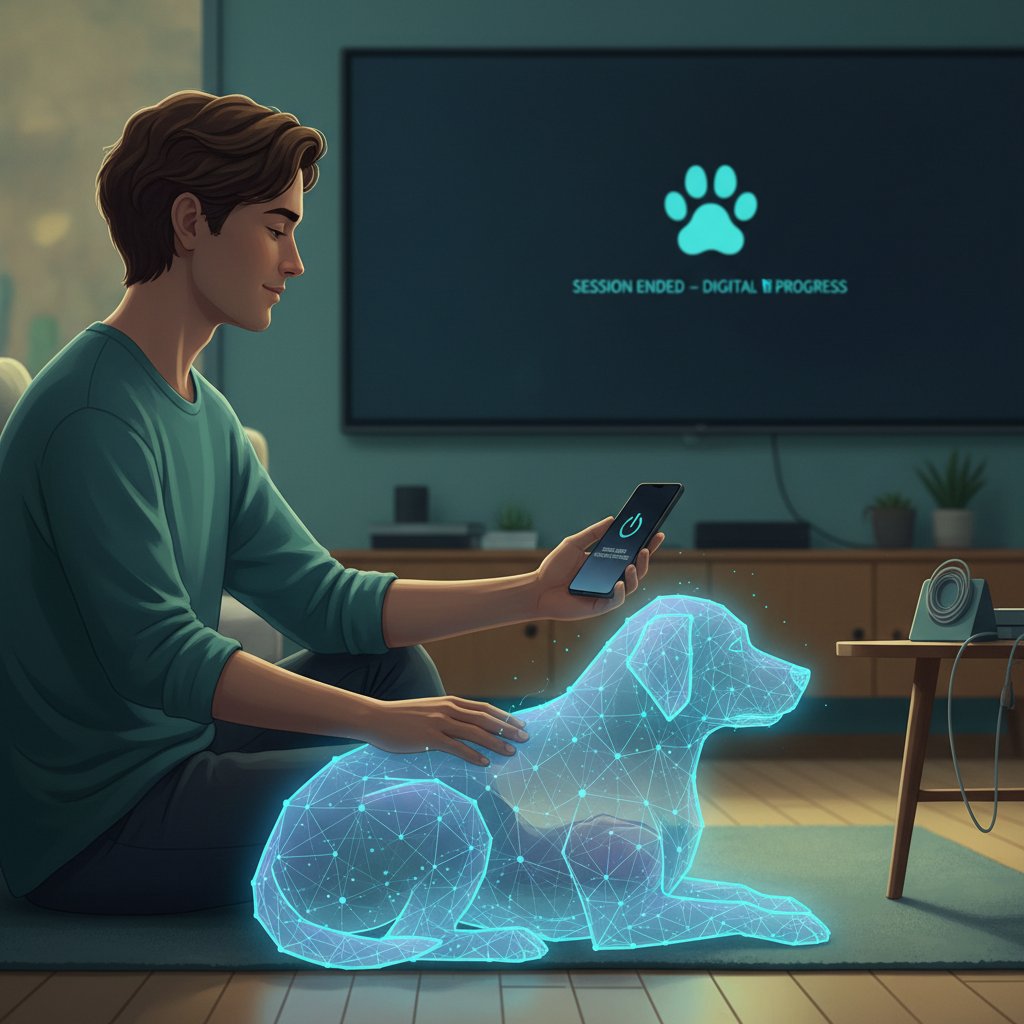 Ilustracja osoby wyłączającej telefon po sesji z pieskiem online, zachowanie higieny cyfrowej