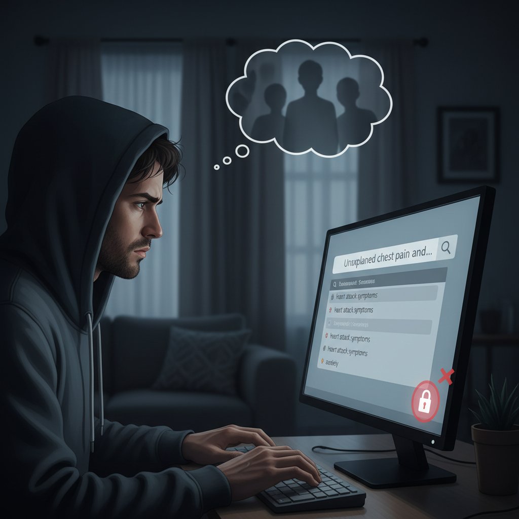 Osoba wpisująca zapytanie zdrowotne na komputerze – symbol prywatności i niepokoju