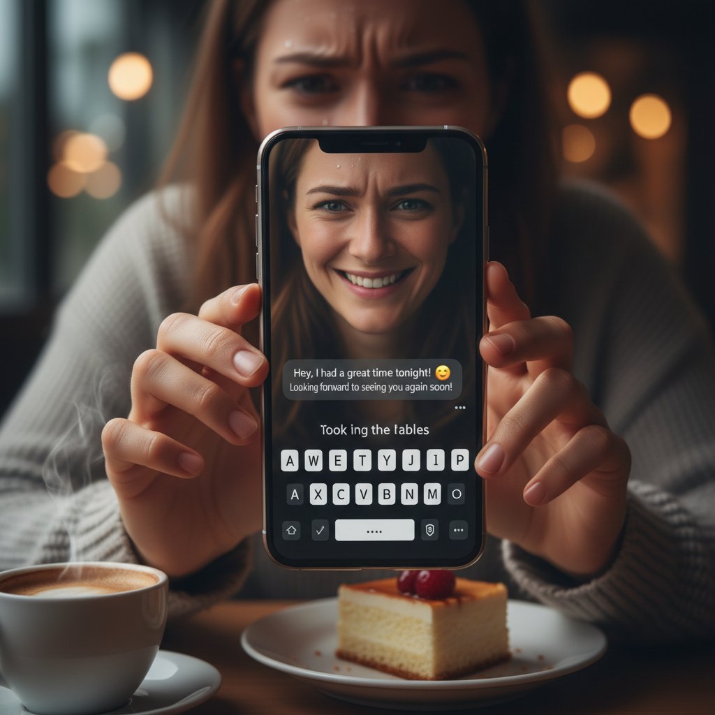 Osoba wpisująca pierwszą wiadomość na czacie, lekko zestresowana, ale z uśmiechem na twarzy