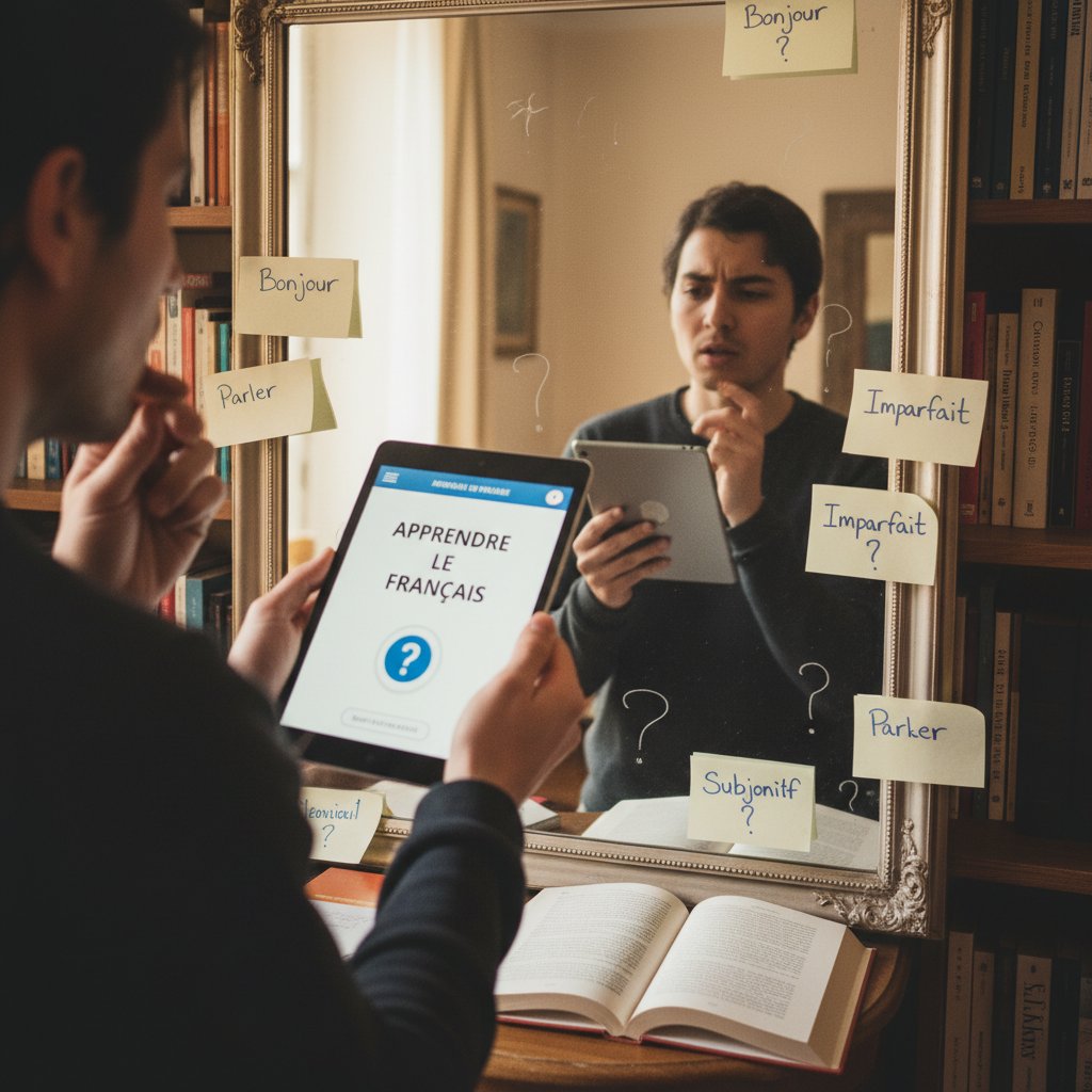 Osoba patrząca niepewnie w lustro podczas nauki francuskiego online