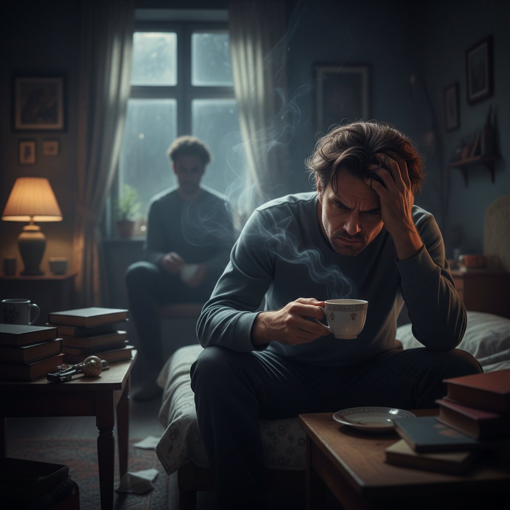 Person struggling with unspoken relationship issues, close-up, dimly lit room, feeling conflicted and lost