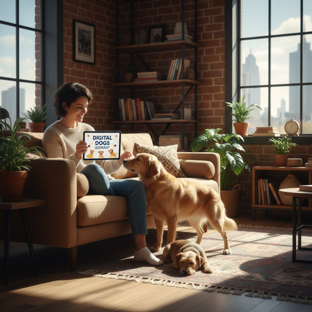 Mensch in urbaner Wohnung interagiert mit AR-Hund auf Tablet, Fokus auf digitale Hunde Deutschland