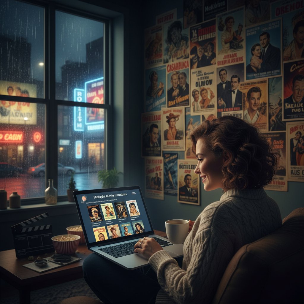 Urban night, person with vintage movie posters and laptop, inspired by custom movie recommendations online