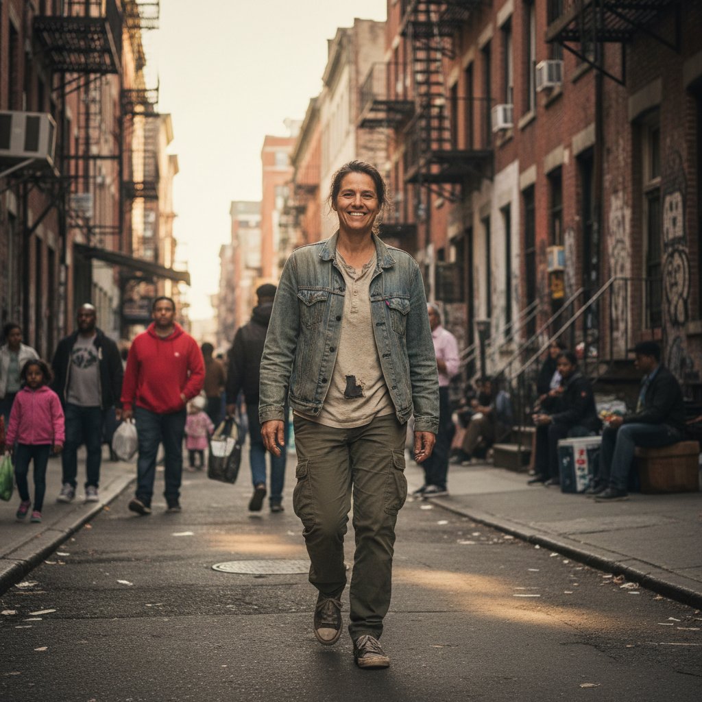 Osoba stojąca w miejskim otoczeniu z wyrazistą ekspresją, symbolizująca autentyczność i dualizm