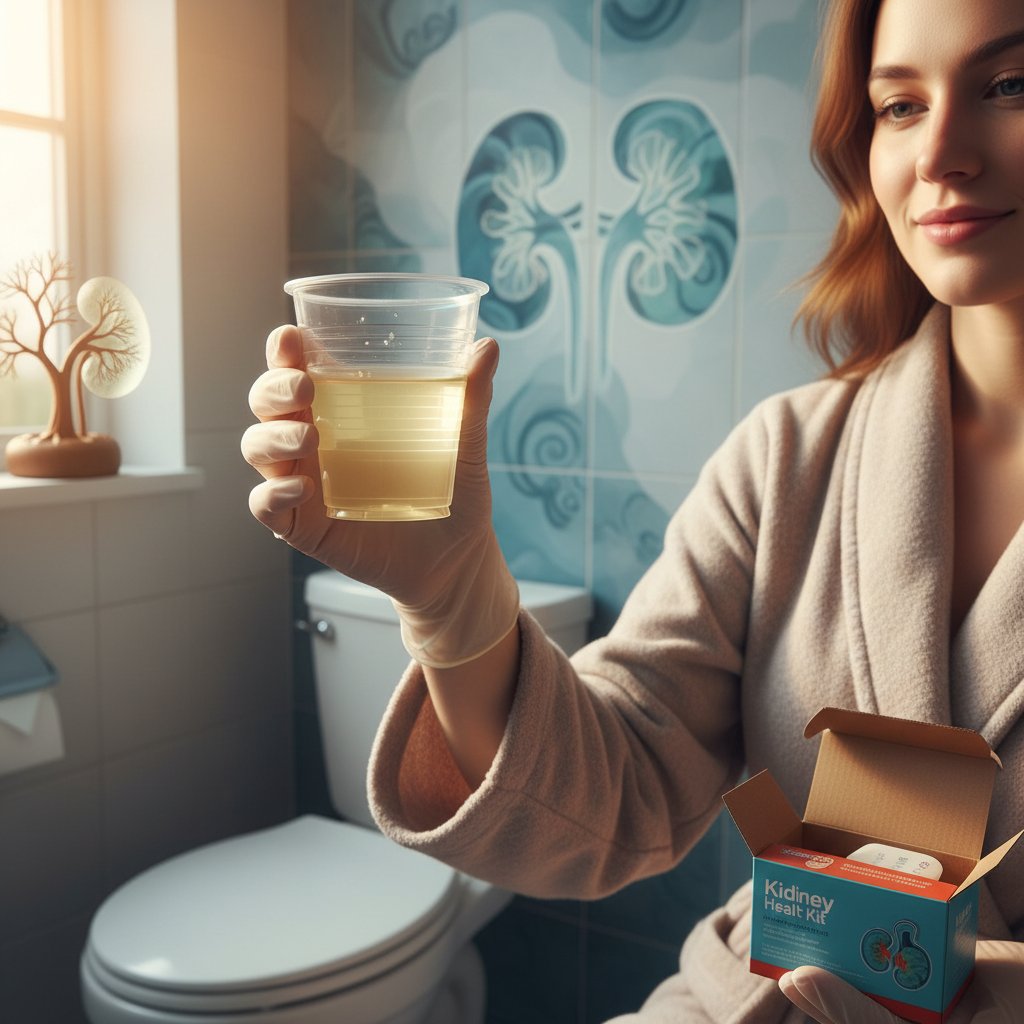 Osoba patrząca na próbkę moczu w domowych warunkach, skupienie na analizie, subtelny motyw nerki
