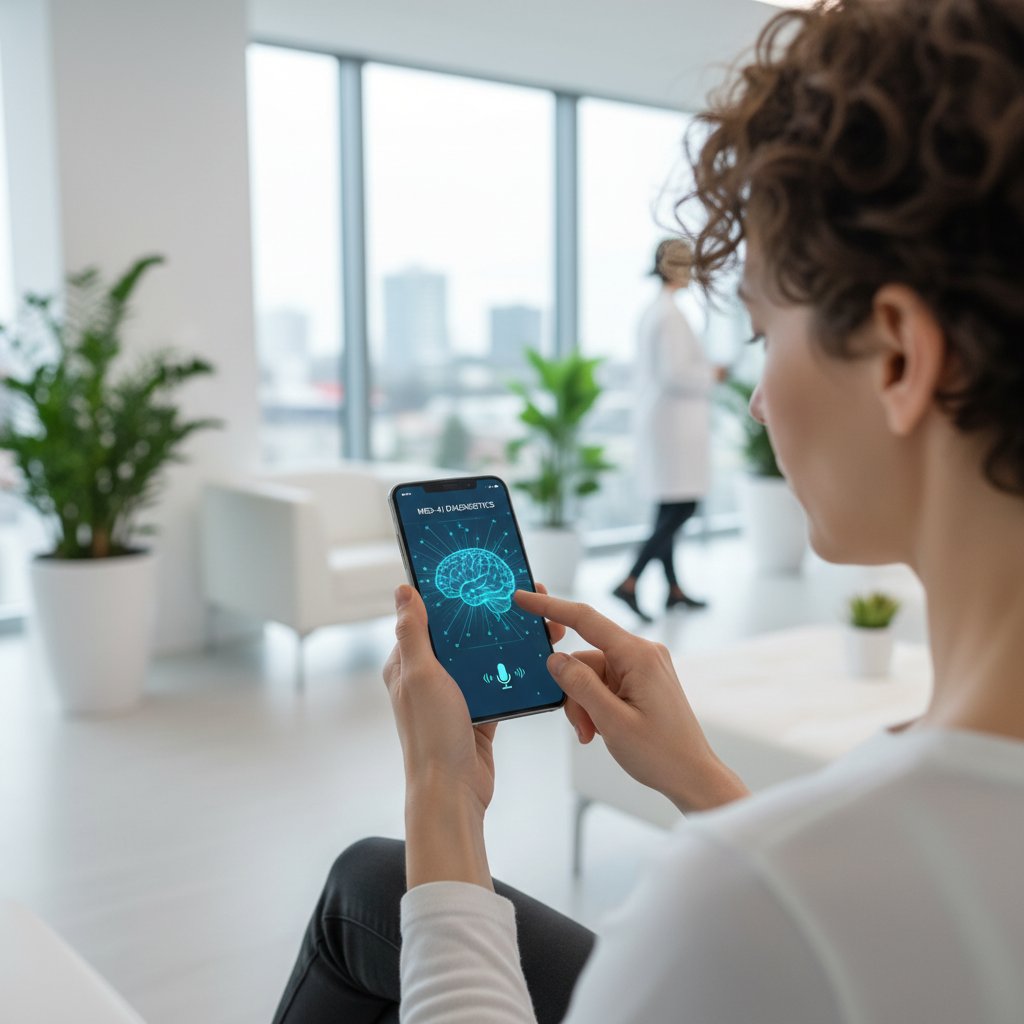 Osoba korzysta z wirtualnego asystenta zdrowotnego medyk.ai na smartfonie, w tle klinika