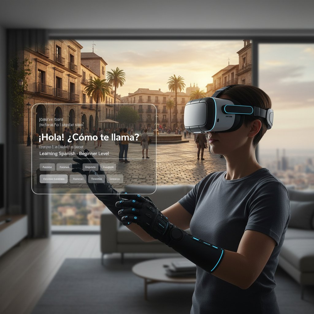 Osoba z zestawem VR poznaje hiszpańskie zwroty w wirtualnym otoczeniu, realistyczna sceneria przypominająca hiszpańskie miasto