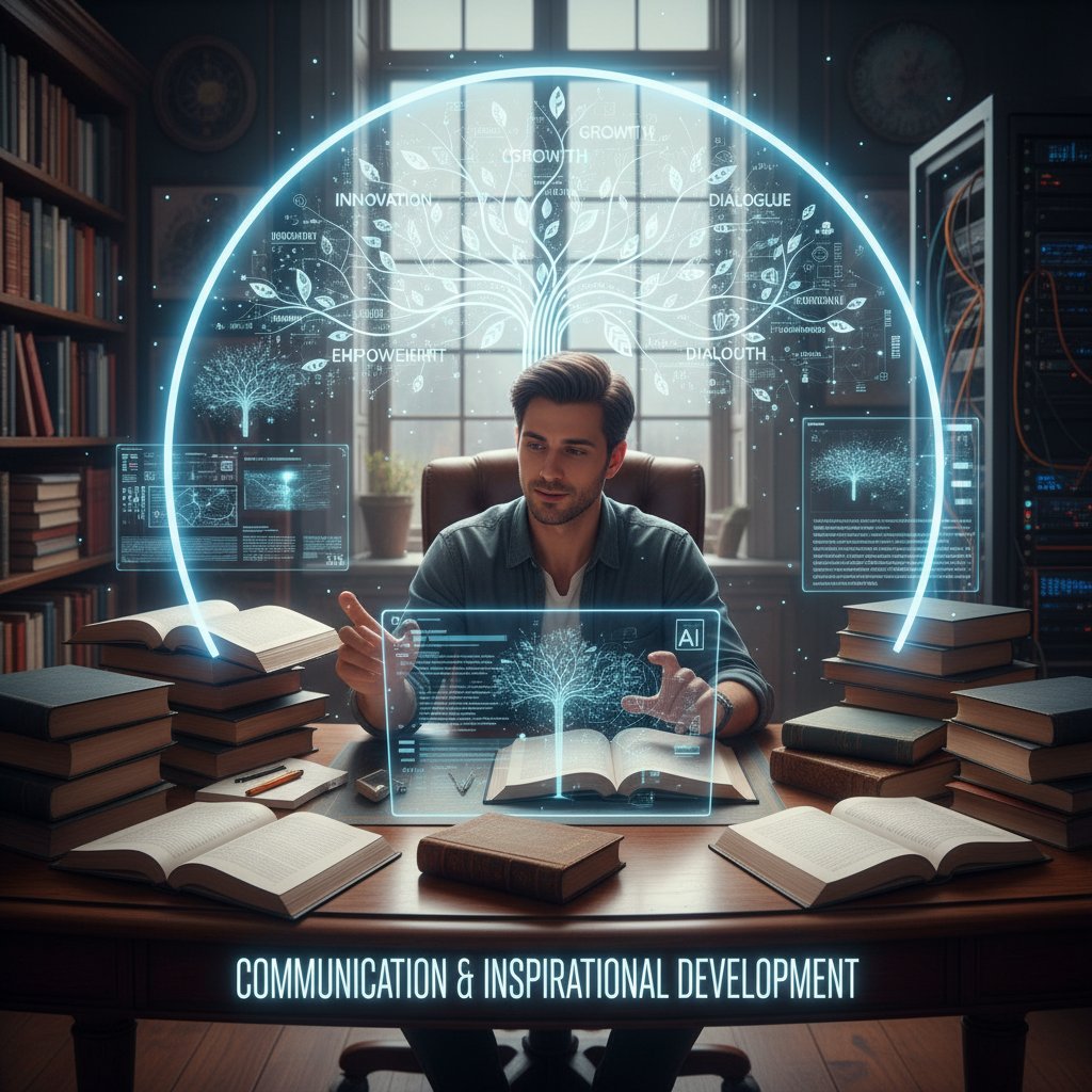 Osoba korzystająca z AI i czytająca książkę o komunikacji, otoczona inspirującą atmosferą rozwoju osobistego