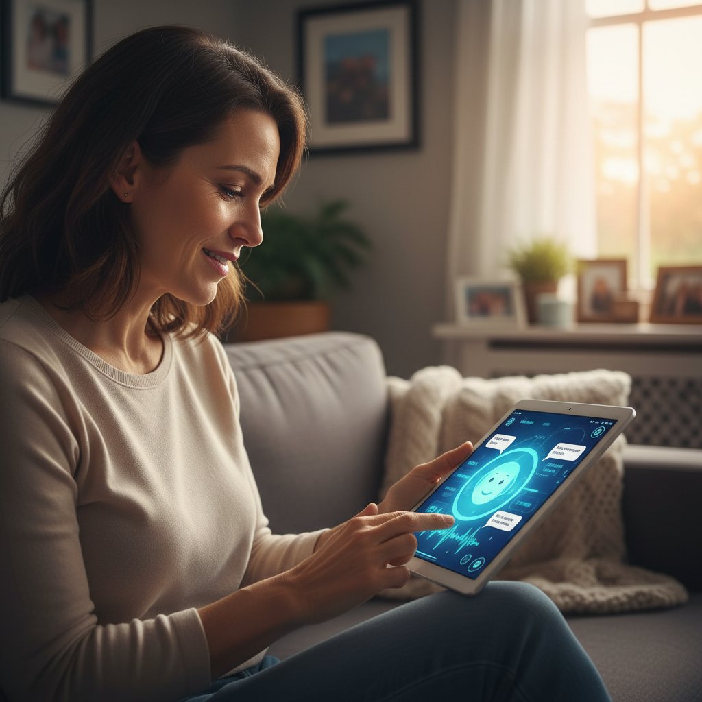 Osoba korzystająca z aplikacji AI do wsparcia emocjonalnego, nowoczesne otoczenie, psychologiczny kontekst