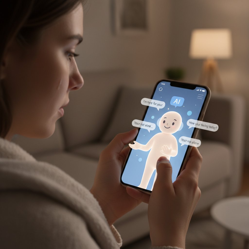 Osoba korzystająca z aplikacji AI do wsparcia emocjonalnego na smartfonie