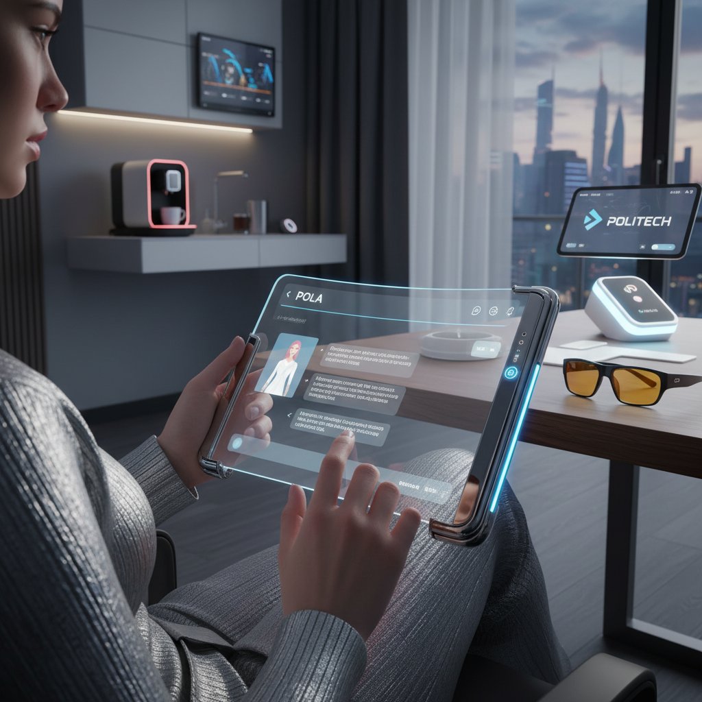 Osoba korzystająca z aplikacji AI personalizującej rozmowę na smartfonie, otoczona polskimi gadżetami