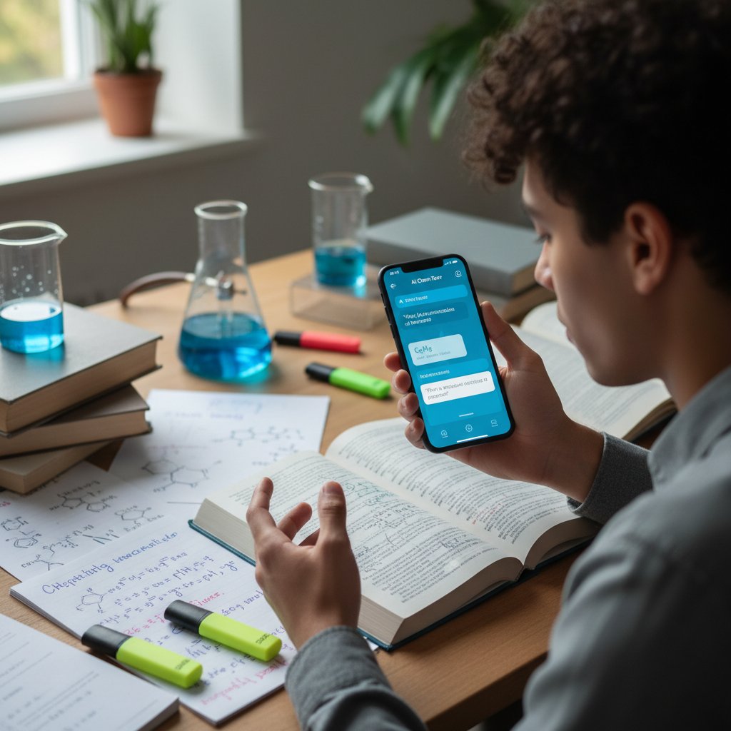 Osoba korzystająca z chatbotu AI na telefonie podczas nauki chemii, w tle podręczniki i notatki