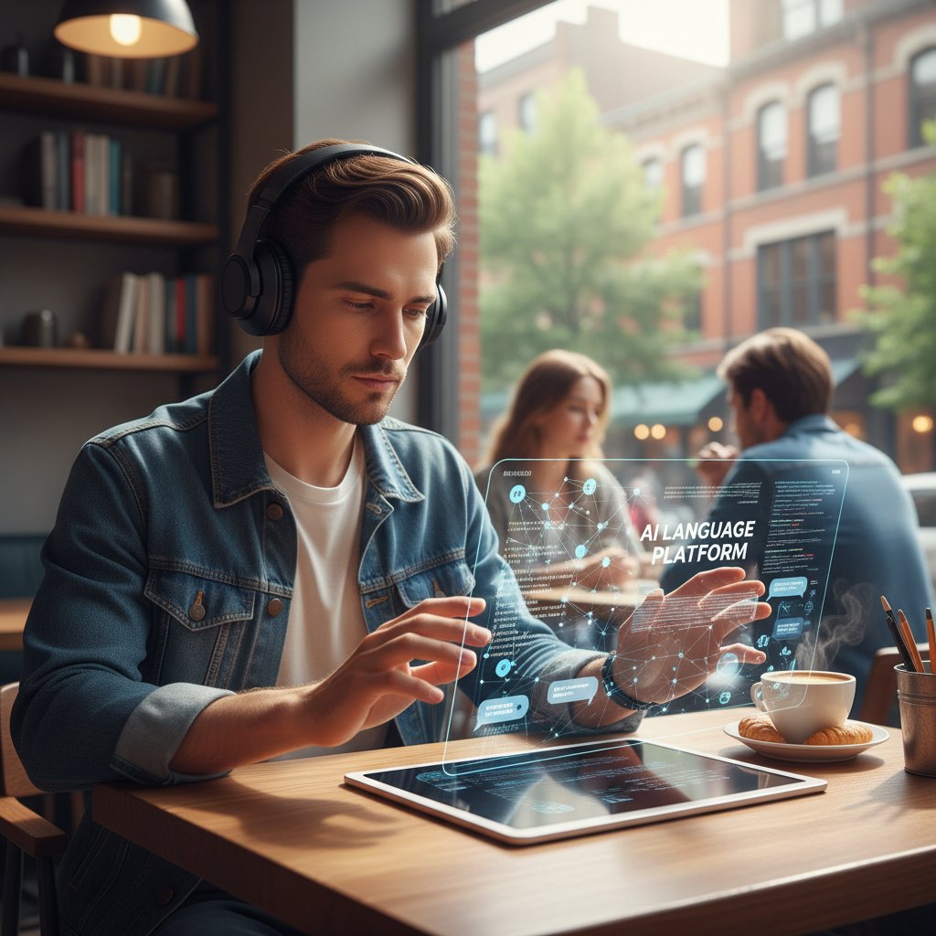 Osoba korzystająca z platformy do nauki włoskiego z AI na laptopie w kawiarni