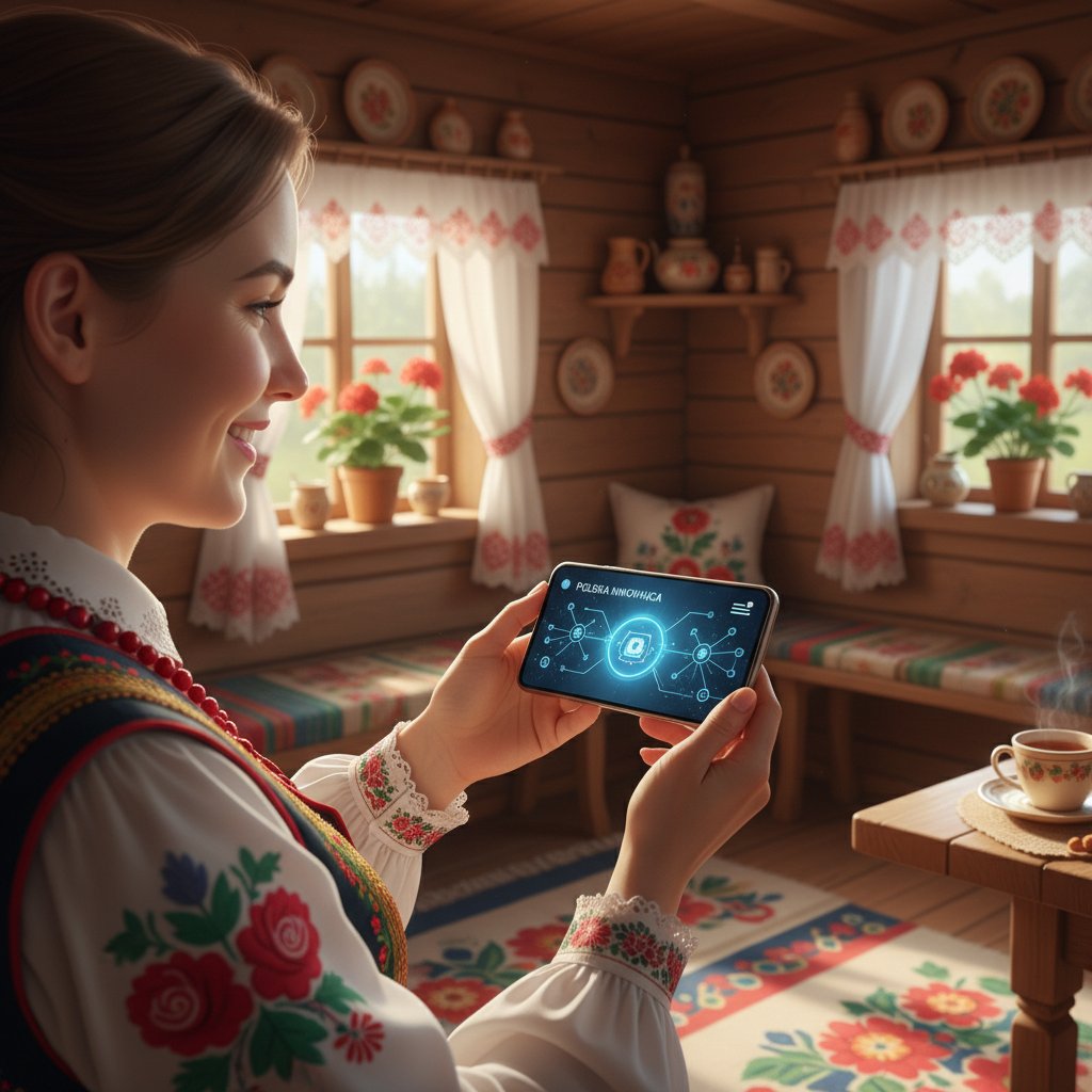 Osoba korzystająca z nowoczesnej platformy AI, pogodna atmosfera, polskie akcenty, smartfon w ręku