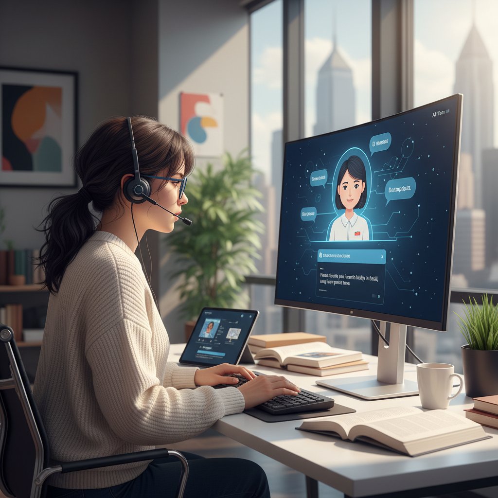 Osoba korzystająca z AI korepetytora do przygotowania egzaminu językowego, nowoczesne biuro, atmosfera skupienia