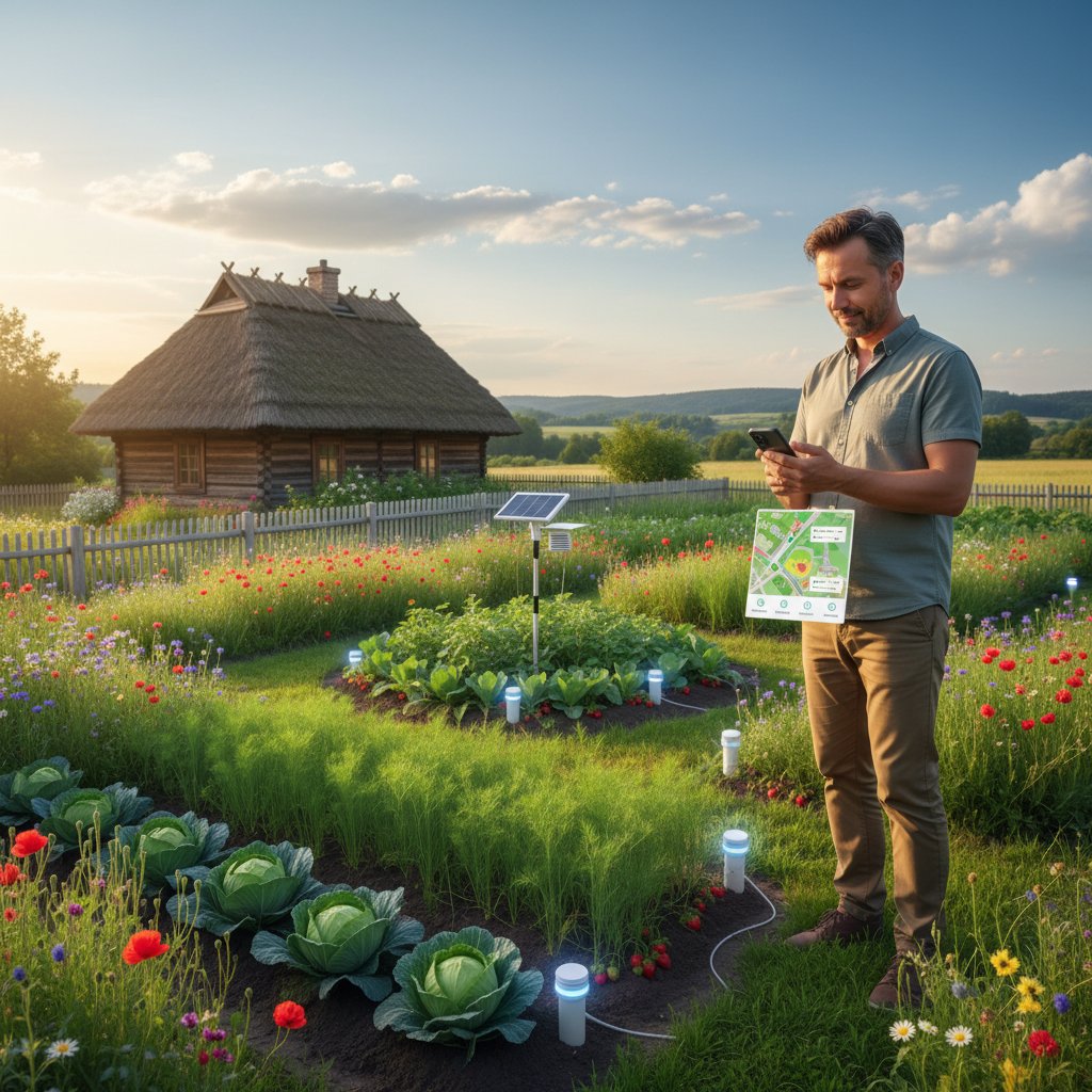 Osoba korzystająca z interfejsu ogrodnik.ai, otoczona roślinami i sensorami