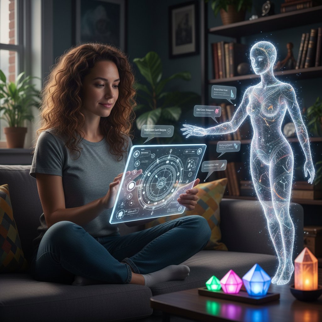 Osoba korzystająca z aplikacji astrologicznej AI na telefonie, przewodnik życiowy