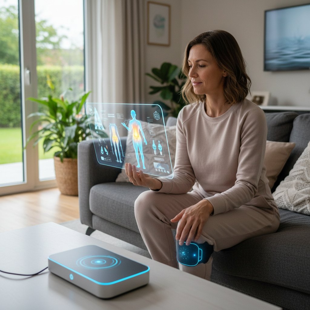 Osoba korzystająca z cyfrowego asystenta zdrowotnego do monitorowania stanu stawów w nowoczesnym mieszkaniu