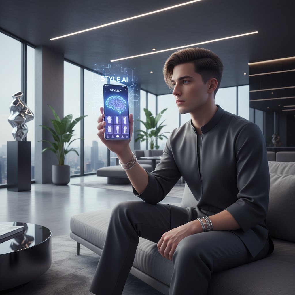 Osoba korzystająca z aplikacji modowej na smartfonie, planująca stylizację z pomocą AI, nowoczesne wnętrze