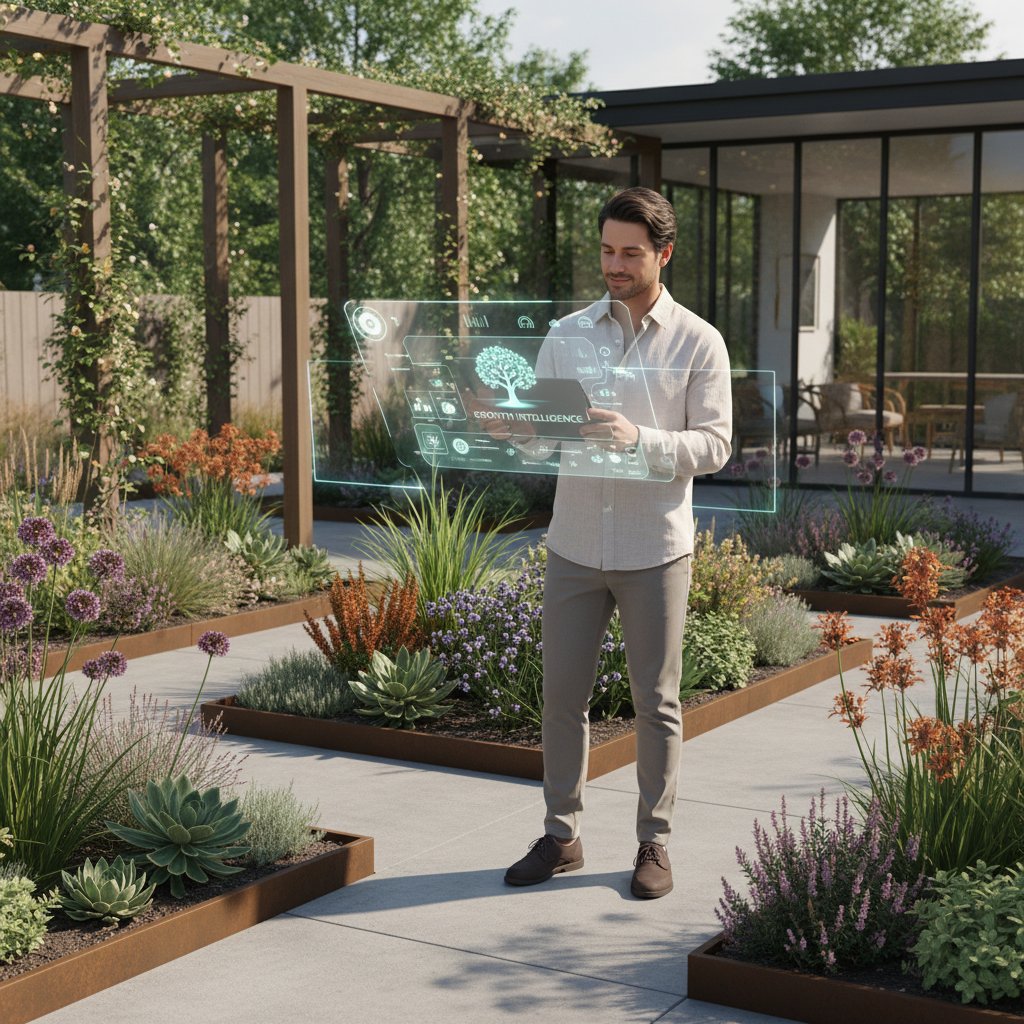 Osoba korzystająca z ogrodnik.ai w ogrodzie, nowoczesny styl
