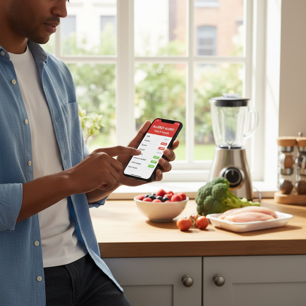 Osoba korzystająca z aplikacji zdrowotnej na smartfonie, monitorująca reakcje alergiczne w domowej kuchni