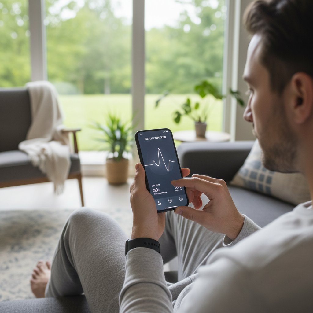 Osoba korzystająca z aplikacji zdrowotnej na smartfonie w domowym zaciszu, ekran pokazuje wykres EKG