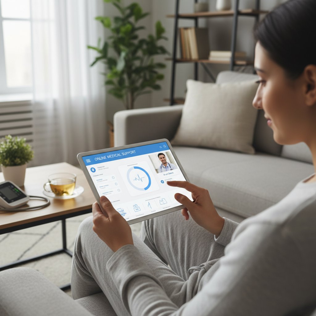 Osoba korzystająca z aplikacji zdrowotnej w domu, szybkie wsparcie medyczne online