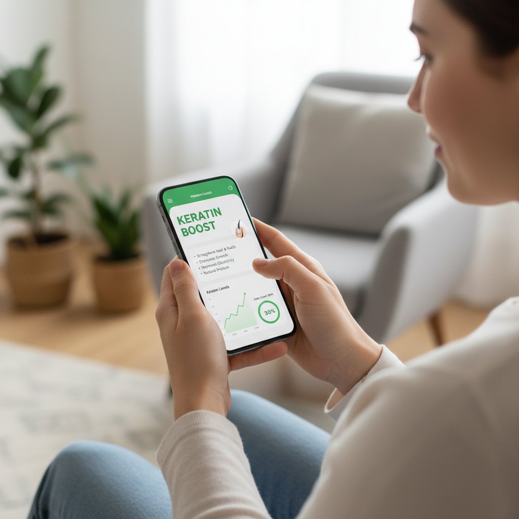 Osoba korzystająca z aplikacji medyk.ai na smartfonie, szukająca informacji o keratynie