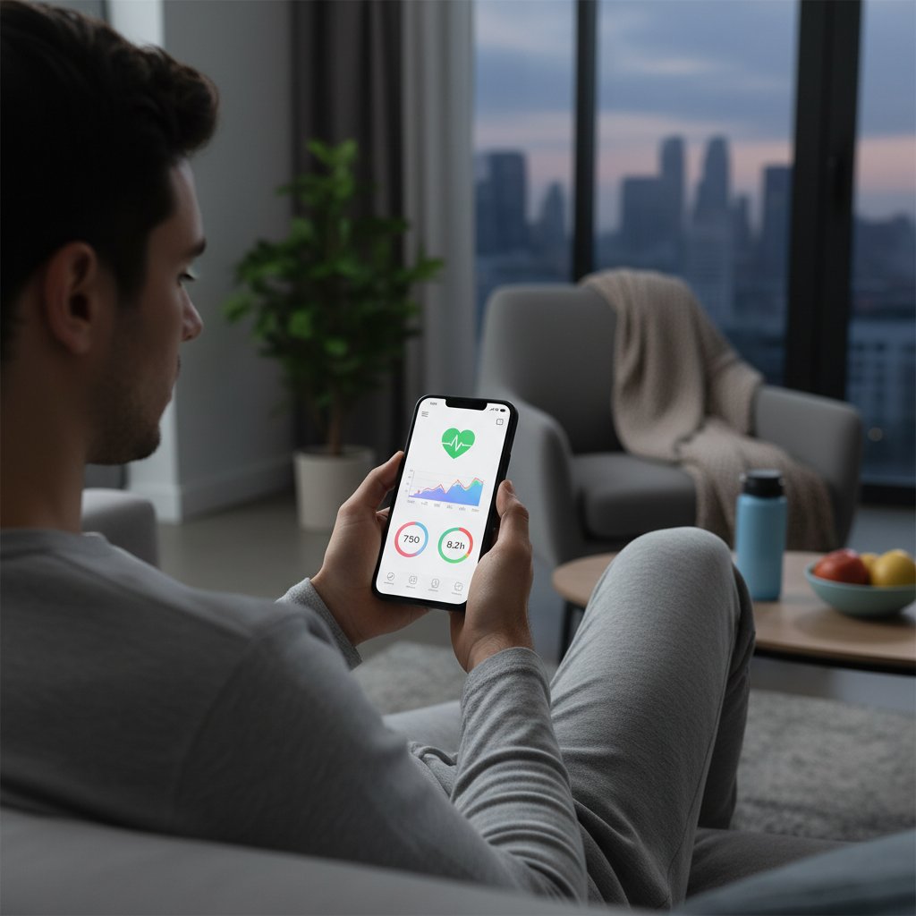 Osoba korzystająca z aplikacji zdrowotnej na smartfonie, ekran z medycznymi ikonami