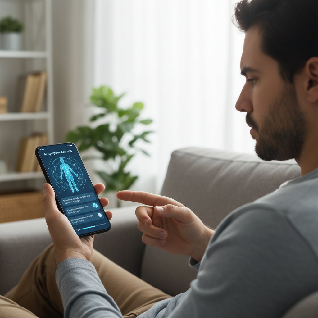 Osoba korzystająca z aplikacji zdrowotnej na smartfonie, AI, analiza objawów