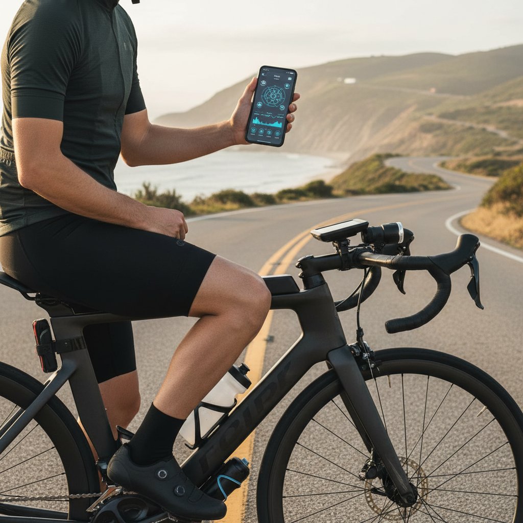 Osoba korzysta z aplikacji zdrowotnej na smartfonie, rower i akcesoria w tle