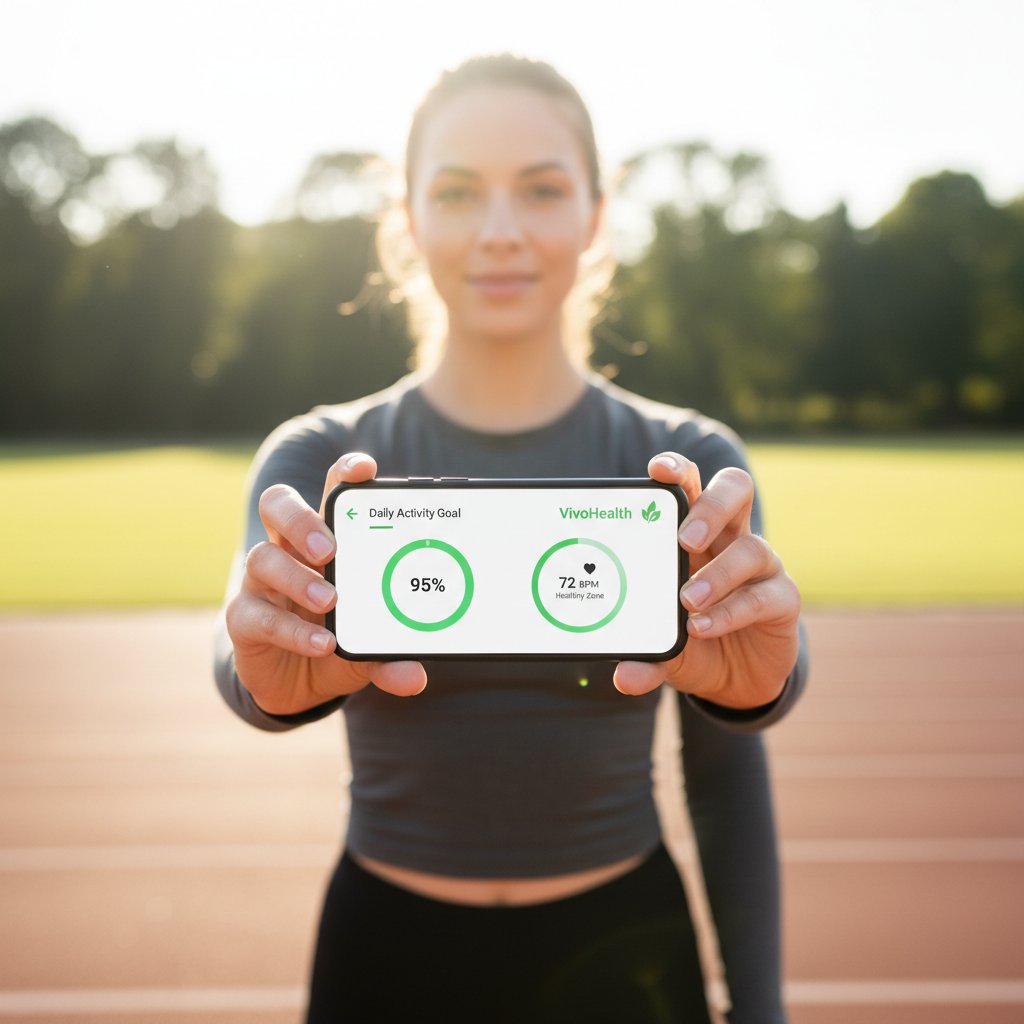 Osoba używająca aplikacji zdrowotnej na smartfonie z uśmiechem, czując się pewniej