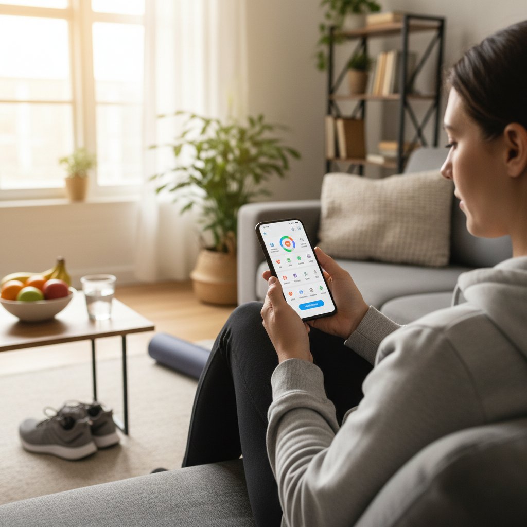 Osoba korzystająca z aplikacji zdrowotnej na smartfonie w domu, skupiona mina