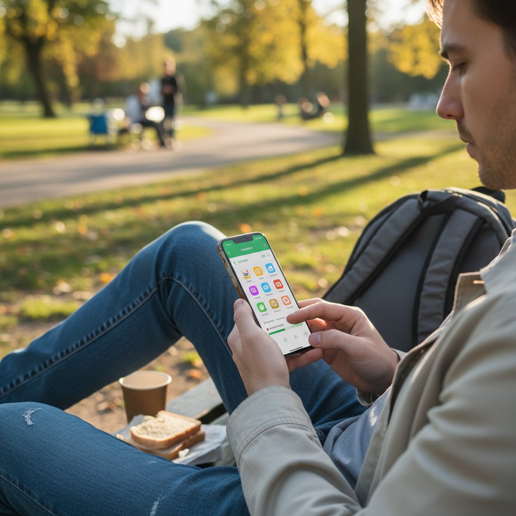 Osoba korzystająca z aplikacji językowej na telefonie podczas krótkiej przerwy