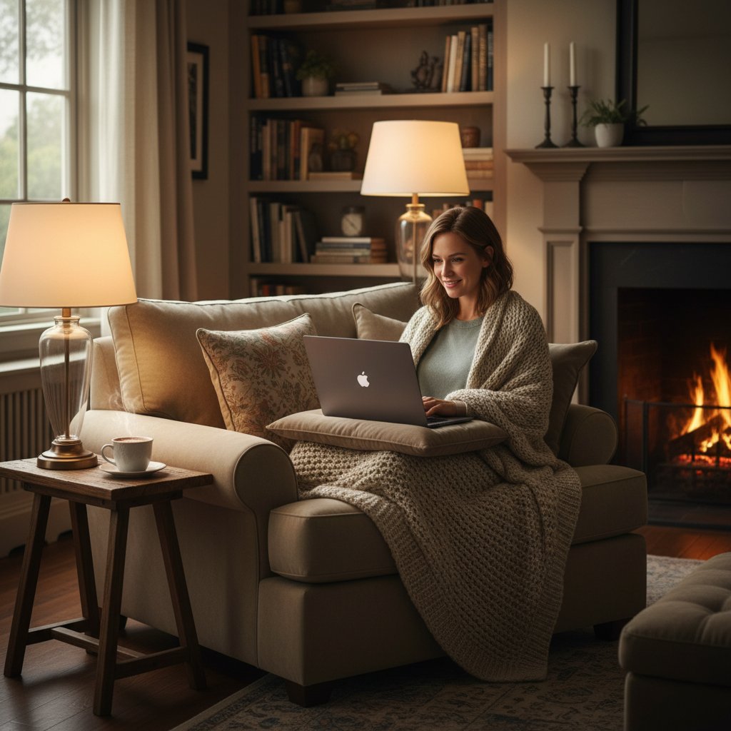 Osoba korzystająca z laptopa w przytulnym otoczeniu, symbol wsparcia po cyberzdradzie