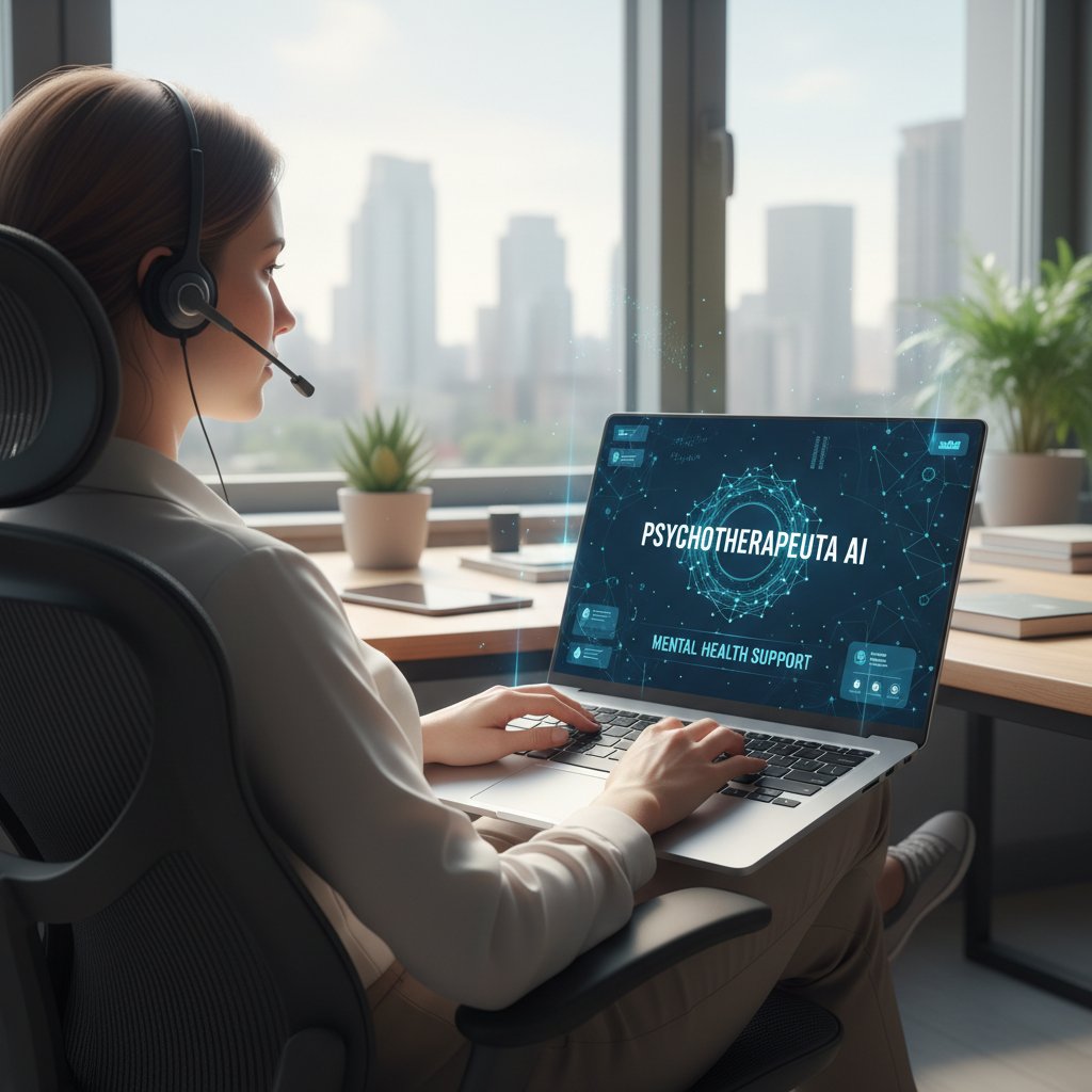 Zdjęcie osoby korzystającej z psychoterapeuta.ai na laptopie, psychologia zdrowia