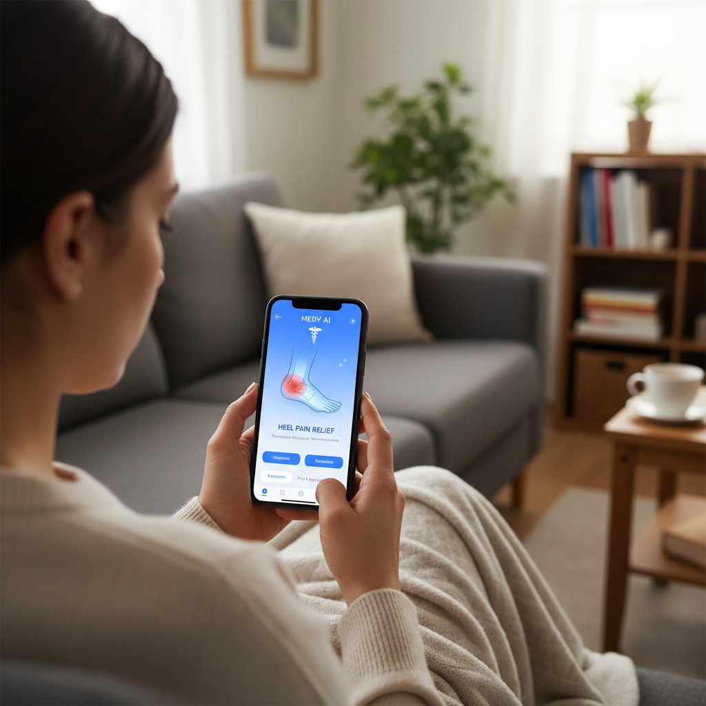 Osoba korzystająca z aplikacji medyk.ai na smartfonie w domu – wsparcie w bólu pięty