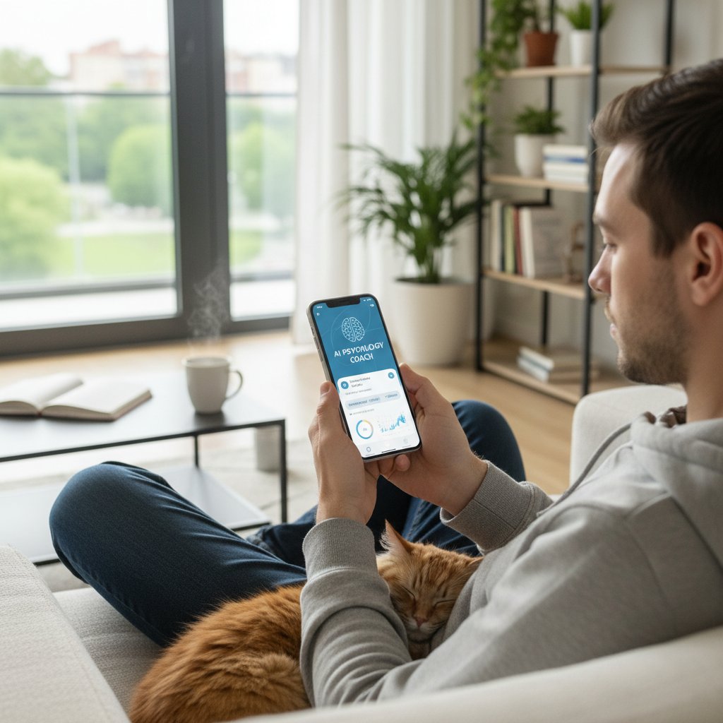 Osoba korzystająca z aplikacji psychologicznej AI na smartfonie w domu, oddająca nowoczesność wsparcia