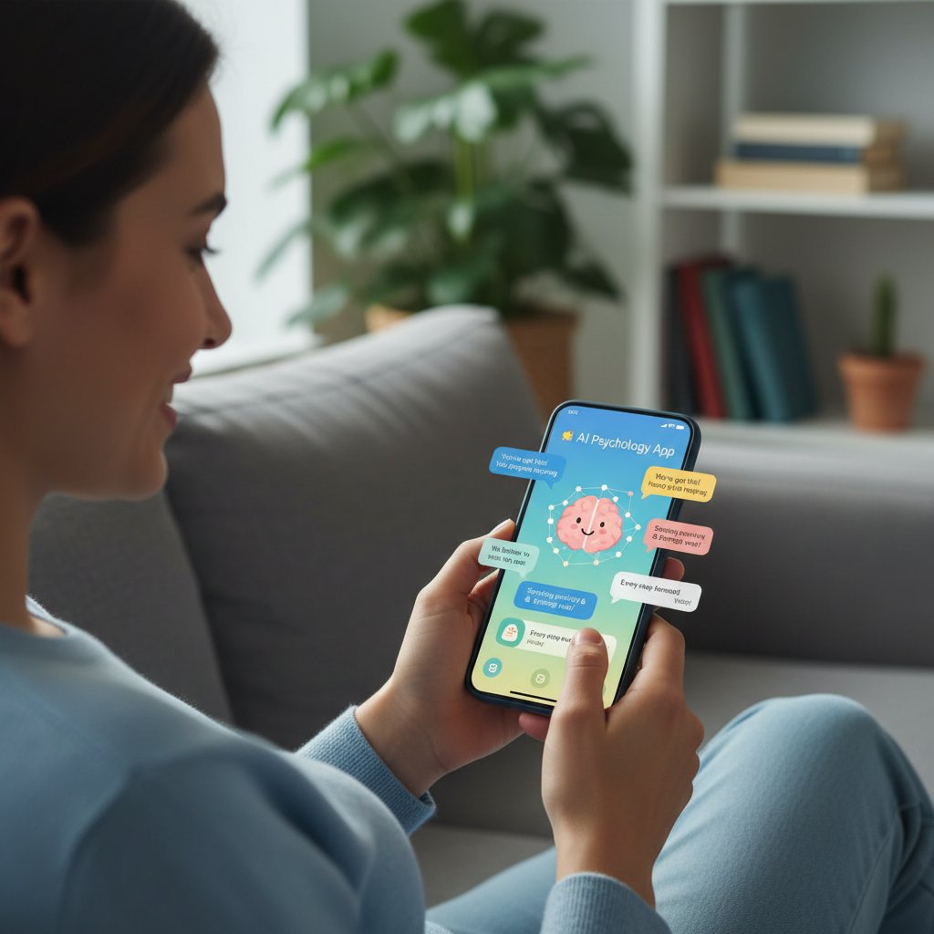 Osoba korzysta z aplikacji psychologicznej AI na telefonie, uśmiechnięta, widoczne hasła wsparcia