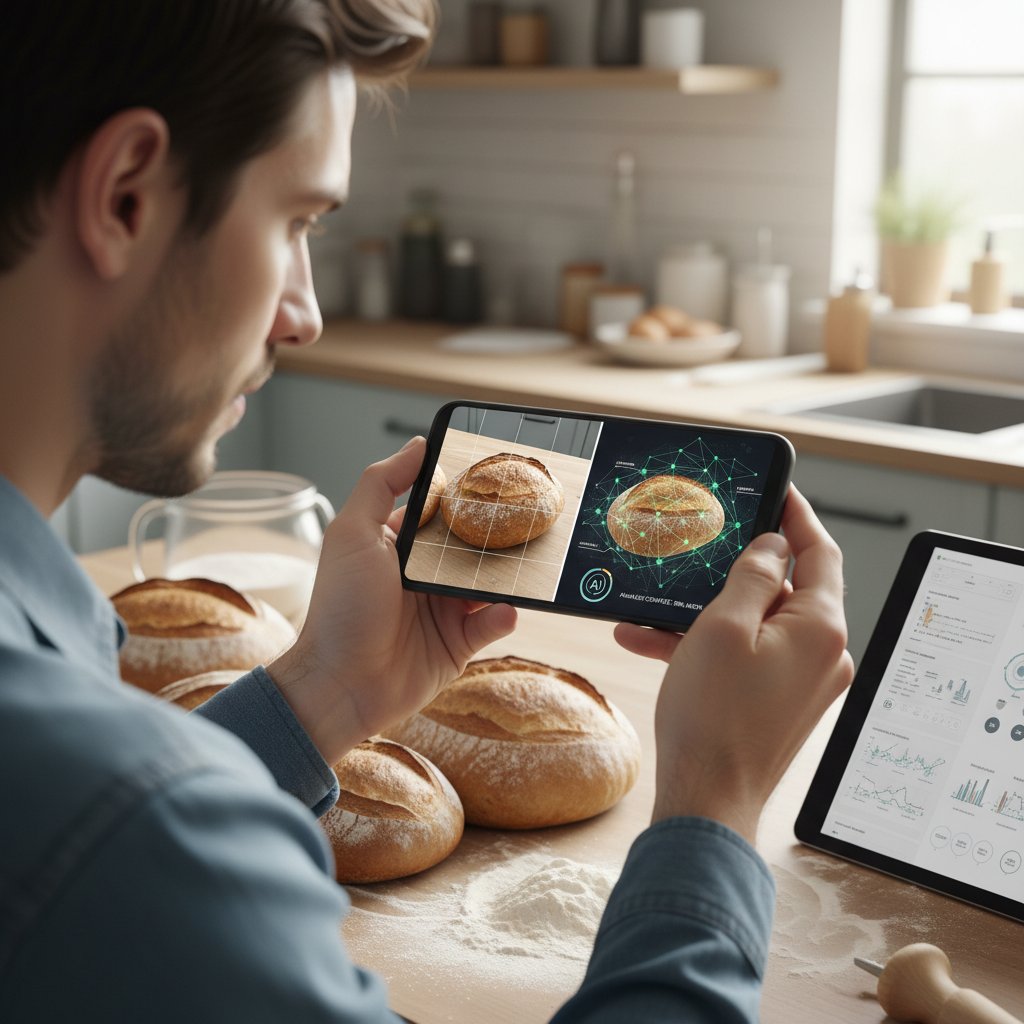 Osoba korzysta z aplikacji dietetyk.ai, analizując skład pieczywa na smartfonie