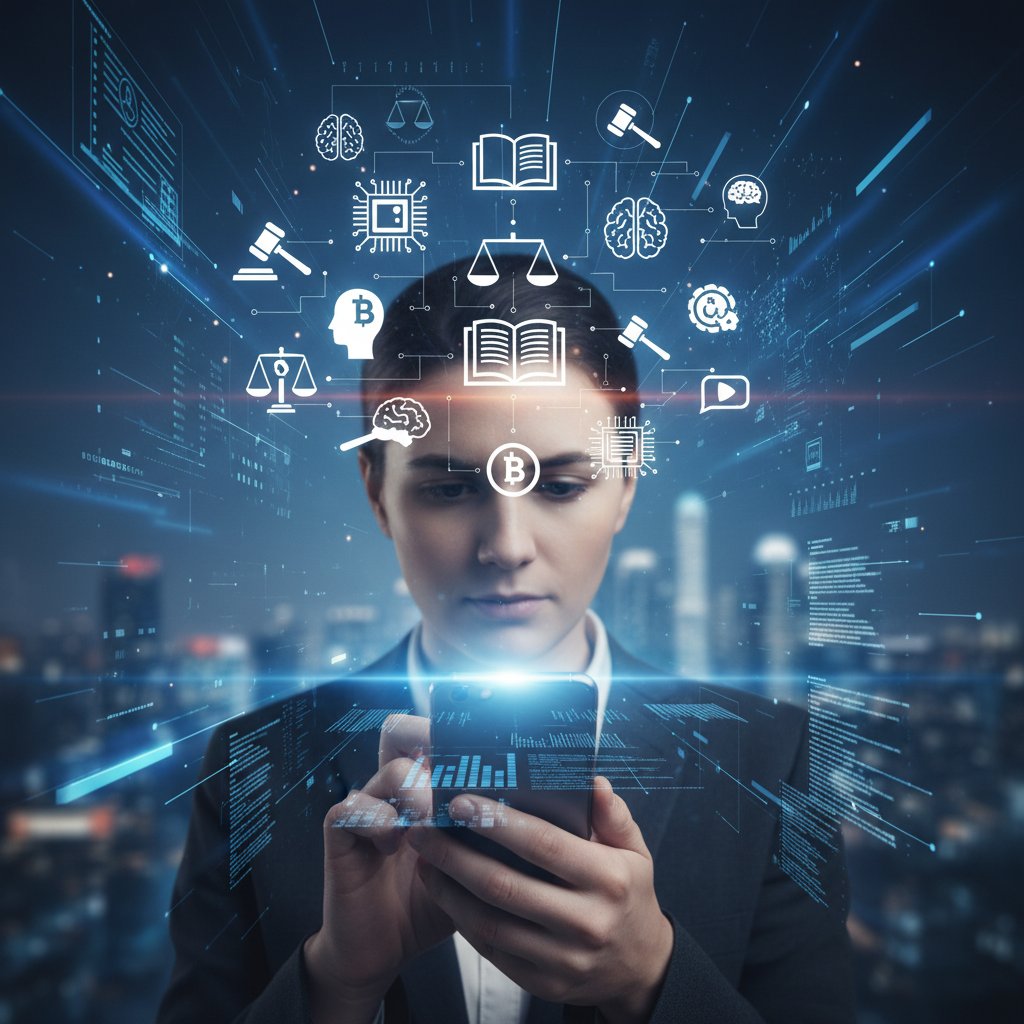 Osoba korzystająca ze smartfona, wokół cyfrowe ikony prawnicze – AI w edukacji prawnej