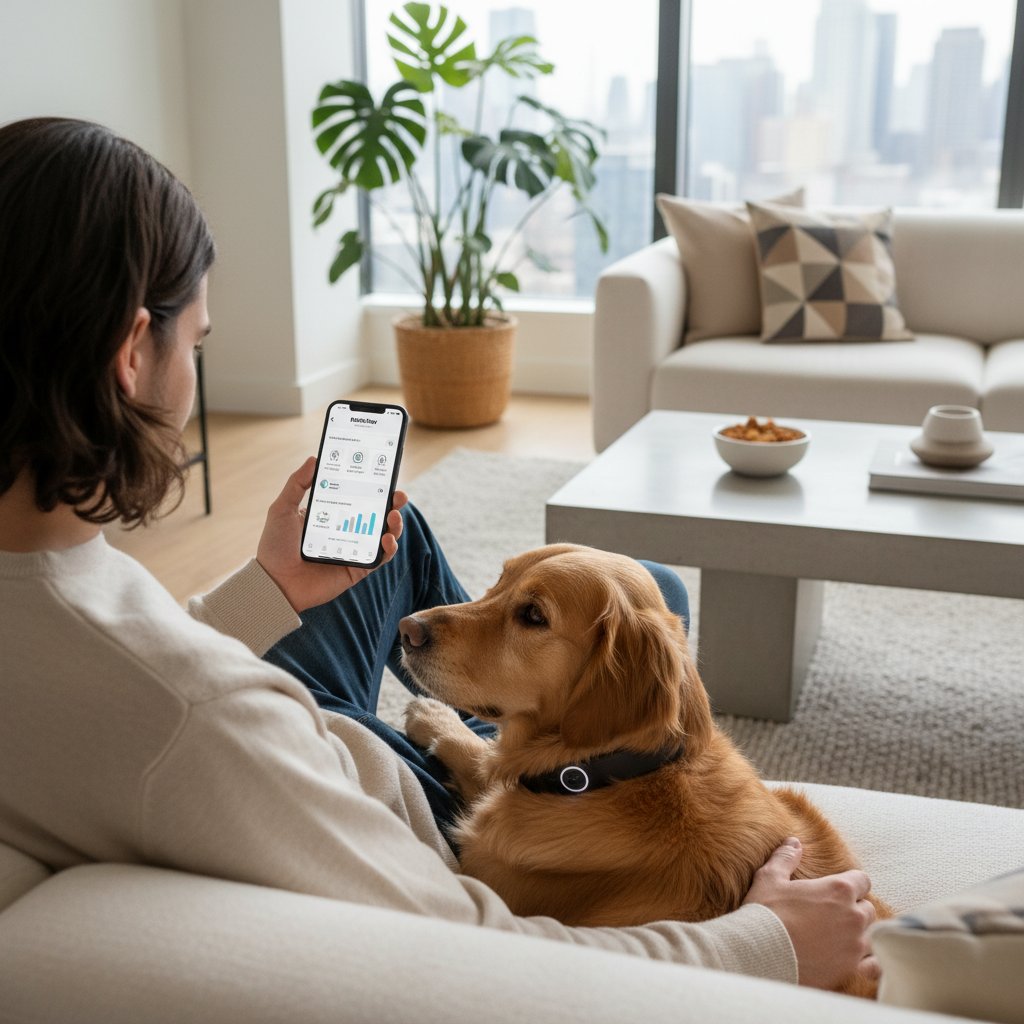 Osoba korzystająca z aplikacji symulującej zdrowie psa na smartfonie, realistyczny pies obok